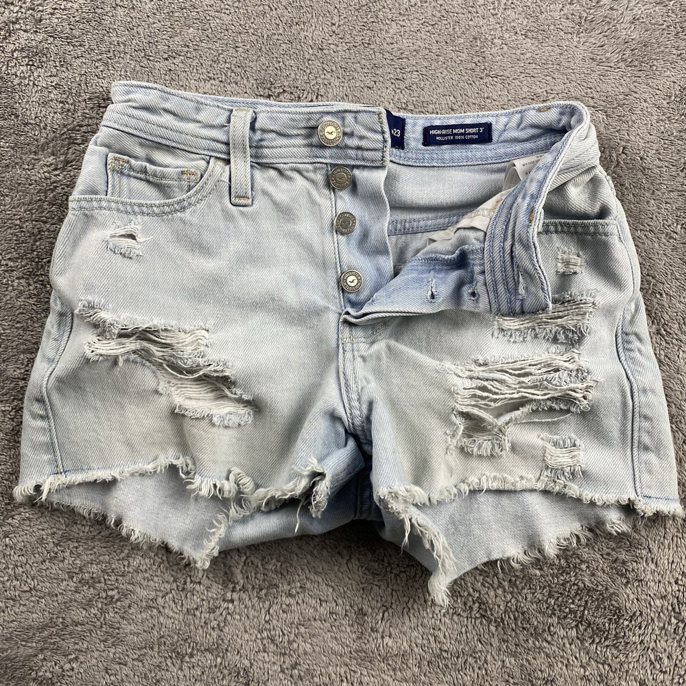 Hollister High-Rise Mom Jean Short 3" Womens 00 w23 Blue Distressed Button Fly